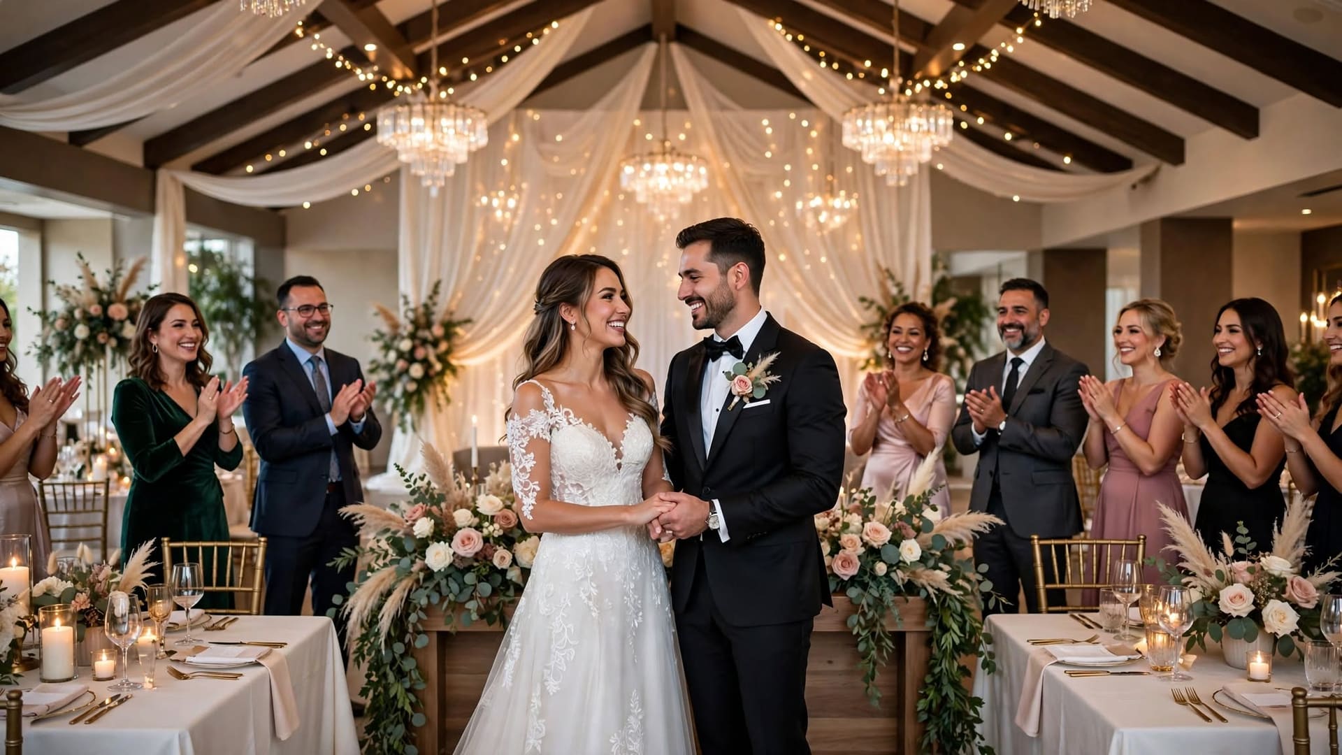 A newly married couple stand together at their reception beneath draped fairy lights and chandeliers while seated guests applaud