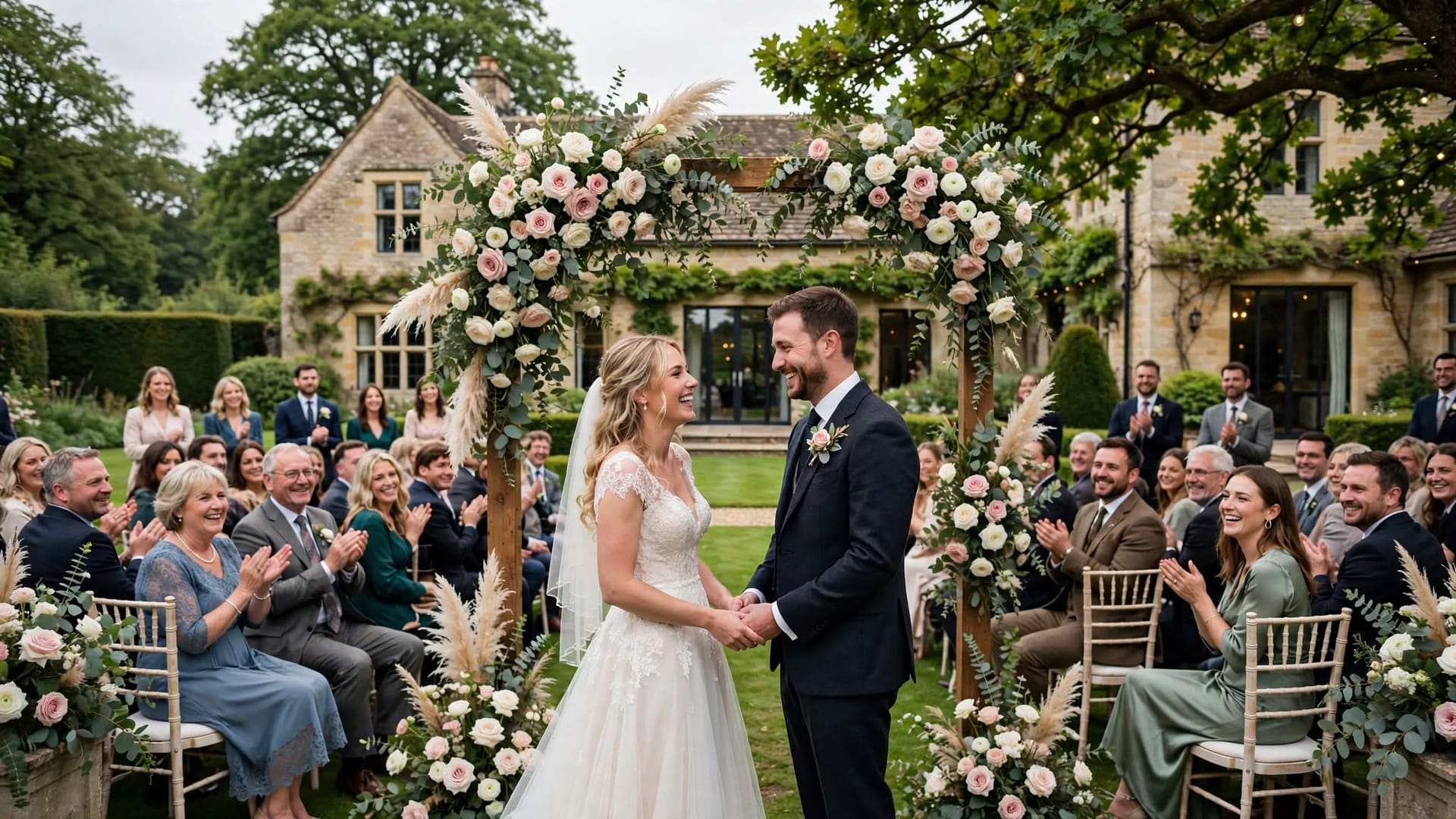 An outdoor wedding ceremony in a garden, the couple holding hands under a floral arch in front of seated guests