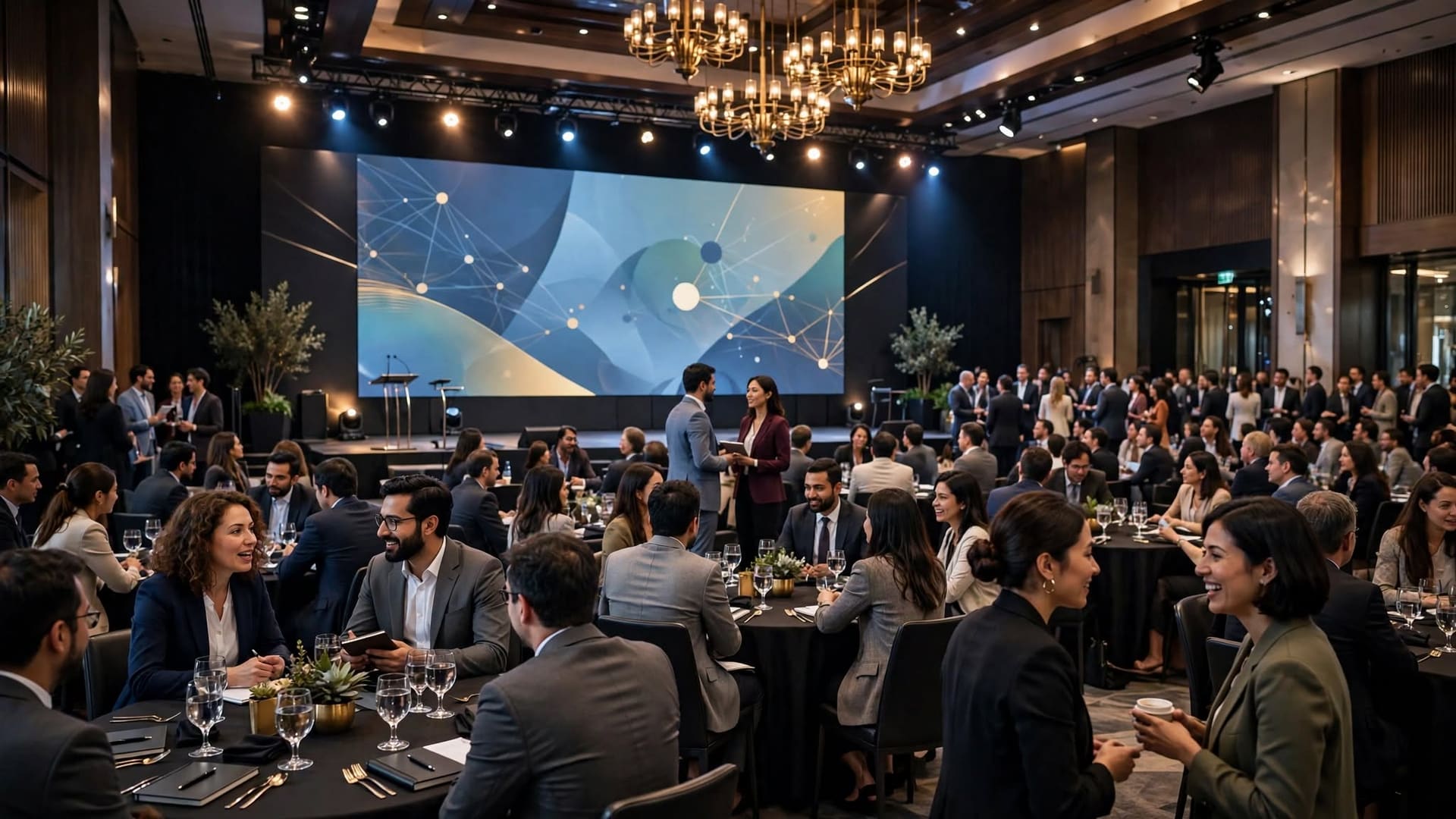 A corporate event in a banquet hall, guests at round tables facing a large presentation screen