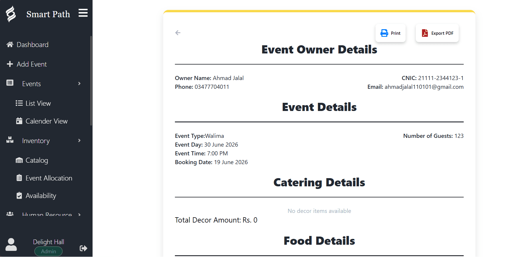 Smart Path printable event sheet showing owner details, event details, catering details and food details with print and export options
