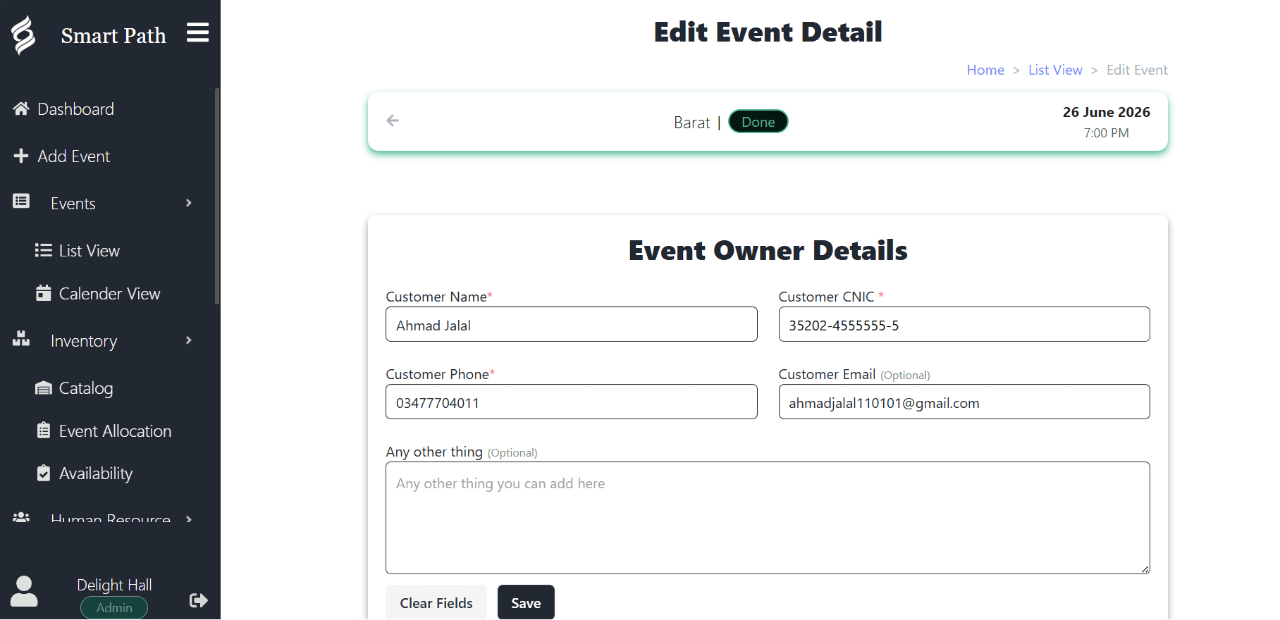 Smart Path edit event screen showing the customer details form for a booked event