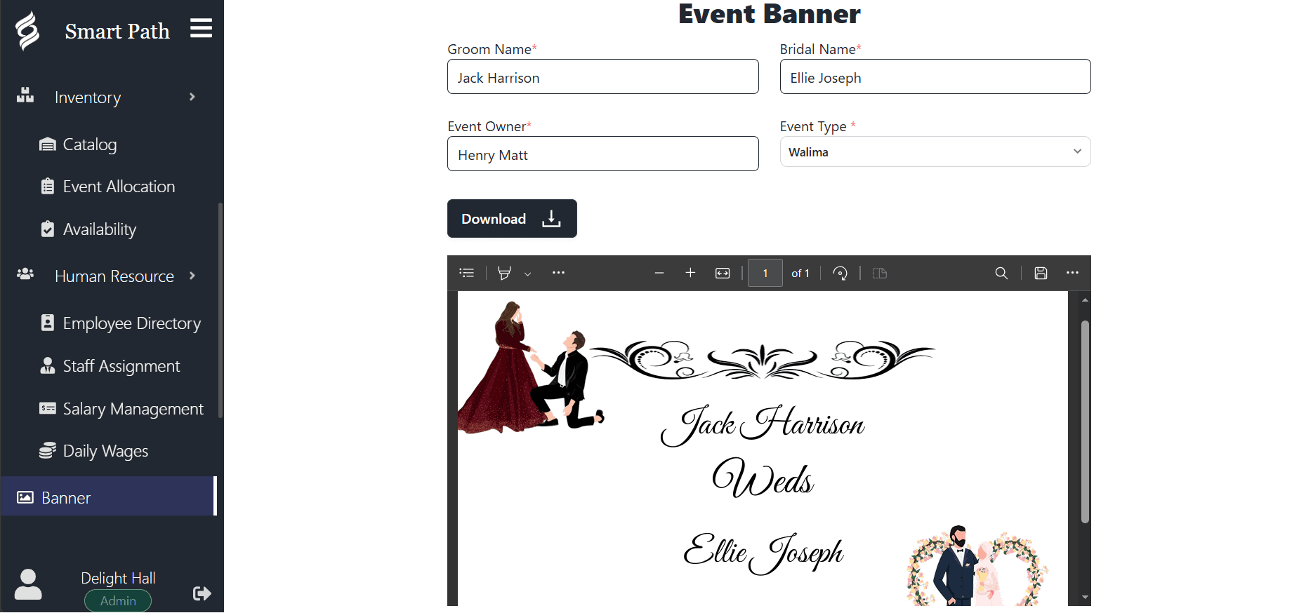 Smart Path event banner designer with name and event-type fields and a live preview of the generated banner